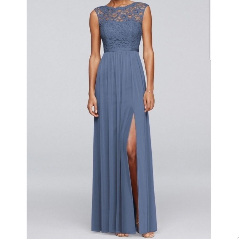 David's Bridal Slate Blue Lace Bodice Chiffon Gown
